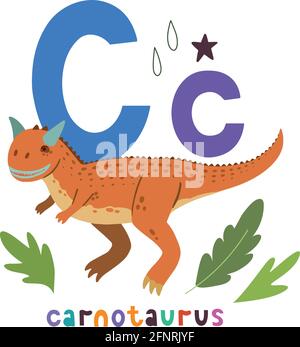Carnotaurus. Niedliche Karikatur handgezeichnete Illustration mit Dinosaurier und C-Buchstaben. Stock Vektor
