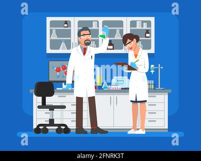 Vektordarstellung von Wissenschaftlern, die im Science Lab arbeiten, flacher Stil Stock Vektor
