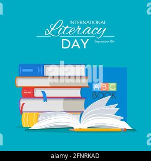 Poster zum Internationalen Tag der Alphabetisierung. Vektordarstellung des Bildungskonzepts. Bücherstapel Stock Vektor