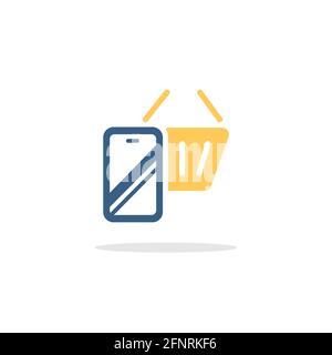 Online-Shop. Mobile Zahlung. Smartphone und Warenkorb. Farbsymbol mit Schatten. Commerce Glyphe Vektor Illustration Stock Vektor