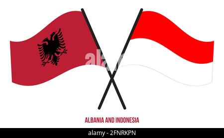 Albanien und Indonesien Flaggen gekreuzt und winken Flat Style. Offizieller Anteil. Korrekte Farben. Stock Vektor