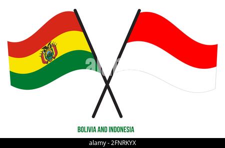Bolivien und Indonesien Flaggen gekreuzt und winken Flat Style. Offizieller Anteil. Korrekte Farben. Stock Vektor