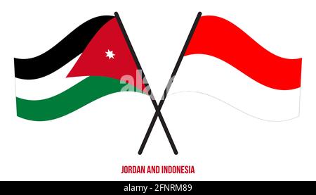 Jordan und Indonesien Flaggen gekreuzt und winkend Flat Style. Offizieller Anteil. Korrekte Farben. Stock Vektor