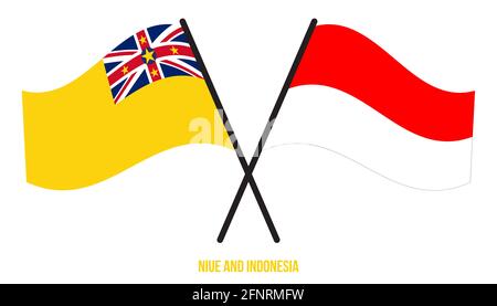 Niue und Indonesien Flaggen gekreuzt und winken Flat Style. Offizieller Anteil. Korrekte Farben. Stock Vektor