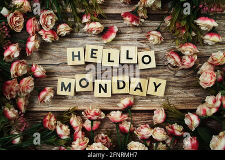 Hallo Montag Alphabet Buchstabe mit blühender Blume auf hölzernem Hintergrund Stockfoto