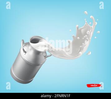 Milchbehälter und Milchspritzer. 3d-Vektorelement für die Paketgestaltung. Stock Vektor