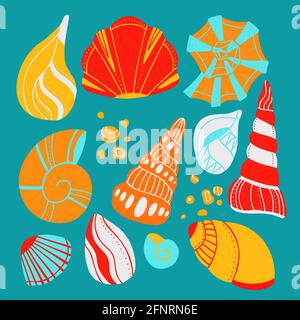 Set von Cartoon Muscheln mit Sand und Kritzelschmuck auf blauem Hintergrund. Flaches Design-Element der Ozeanbewohner mit Boho-Ornamenten. Vektormollus Stock Vektor