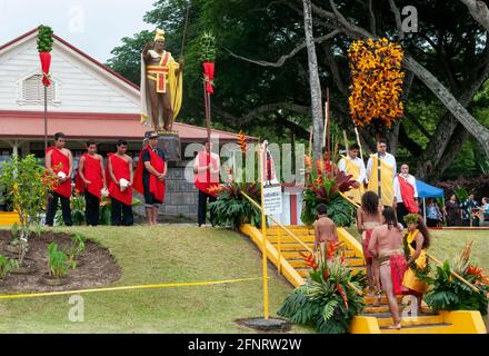 Der Eröffnungssegen während der Feierlichkeiten zum König-Kamehameha-Tag in Kapa'au, Nord-Kohala, Big Island, Hawaii. Stockfoto