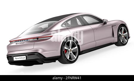 porsche taycan Elektrosportwagen mit 3D-Modelldarstellung im Innenraum. Stockfoto