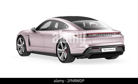 porsche taycan Elektrosportwagen mit 3D-Modelldarstellung im Innenraum. Stockfoto