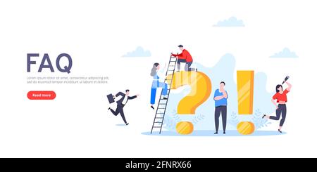 Q- und A- oder FAQ-Konzept mit winzigen Personen-Charakteren, großen Fragen und Ausrufezeichen. Stock Vektor