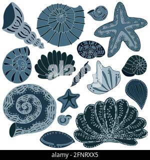 vektor-Set aus Muscheln und Seesternen monochrome isolierte blaue Objekte Der Meere und Ozeane Unterwasserwelt Stockfoto