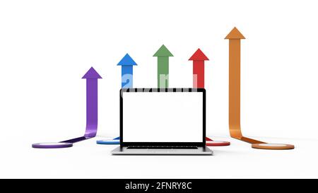 Moderner Laptop auf weißem Hintergrund mit Pfeil-Diagramm isoliert. 3D-Illustration. Stockfoto