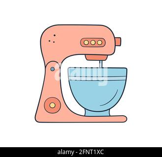 Stationärer Teigmischer mit Schüssel im Doodle-Stil. Handgezeichnete Vektorgrafik auf weißem Hintergrund Stock Vektor