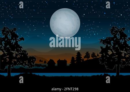 Landschaft mit Häusern, Fluss, Bäumen und Mondlicht auf Hügeln im Hintergrund. Nächtliche Dorflandschaft mit Vollmond und Sternenhimmel. Panorama auf die Landschaft. Vektor Stock Vektor