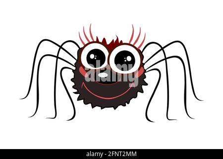 Lustige Cartoon Spinne auf weißem Hintergrund isoliert. Niedliche schwarze Spinne, traditionelles Halloween-Symbol. Schönes kleines Wesen. Vektorgrafik für Aktien Stock Vektor