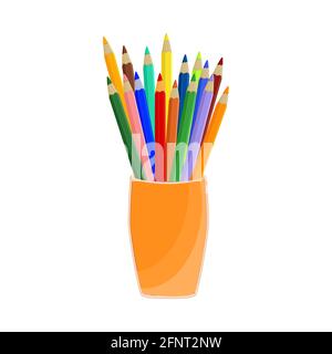 Bunte Bleistifte in Tasse isoliert auf weißem Hintergrund. Buntstifte im Halter. Zurück zur Schule. Schreibwaren für den Bildungsbereich. Vektorgrafik Stock Vektor