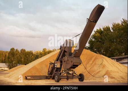 Körnerelevator. Getreidespeicher mit mechanischer Ausrüstung für Empfang, Reinigung, Trocknung, Getreideversand. Landwirtschaftlicher Bauernhof ländliche Landschaft. Getreidetraktor Stockfoto