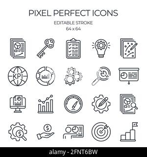 KPI Key Performance Indicators Concept related editierbare Symbole für Konturumrisse, die isoliert auf weißem Hintergrund als flache Vektorgrafik dargestellt werden. Pixel perfekt. Stock Vektor