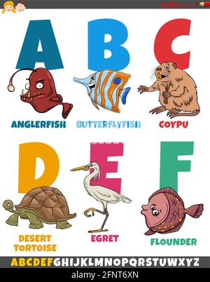 Cartoon-Illustration der pädagogischen bunten Alphabet aus Buchstabe A gesetzt Bis F mit Comic-Tierfiguren Stock Vektor