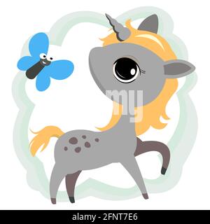 Kleines Baby Einhorn. Isoliertes Objekt auf weißem Hintergrund. Fröhliche Kind Tier. Cartoons im flachen Stil. Lustig. Vektor Stock Vektor