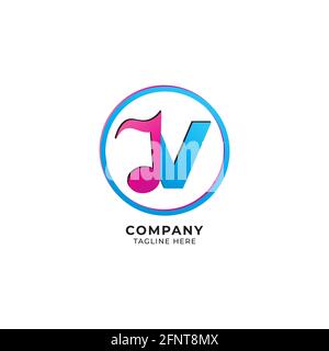 Farbenfroher Buchstabe V Alphabet Musik Logo Design isoliert auf weißem Hintergrund. Initial und musikalische Note mit Ellipse Frame Logo Konzept. Rosa Blau Farbe Stock Vektor