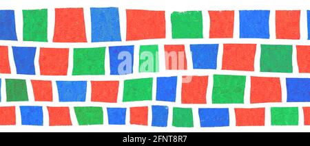 Nahtlose kreative Border abstrakt von Hand gezeichnete Blockstreifen. Wiederholende Muster horizontal quadratische Formen rot grün blau. Bunte wiederholende Mosaik für Stockfoto