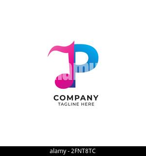 Farbenfroher Buchstabe P Alphabet Musik Logo Design isoliert auf weißem Hintergrund. Initial und Musical Note Logo Konzept. Rosa Magenta, Blau Thema. Stock Vektor