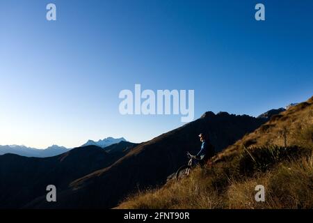 Mountainbike, Mount Judah Trails, Glenorchy. Model veröffentlicht Stockfoto