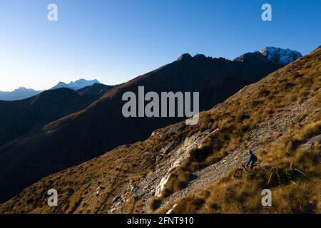 Mountainbike, Mount Judah Trails, Glenorchy. Model veröffentlicht Stockfoto