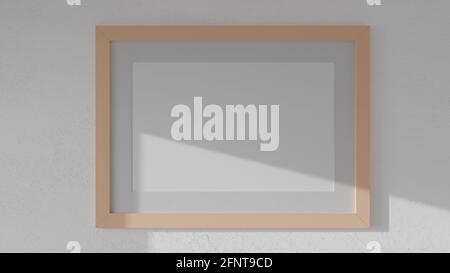 Postermockup auf einer weißen Wand mit einem natürlichen Farbraumrahmen. CGI-Bild, 3D-Rendering, 3D-Illustration Stockfoto