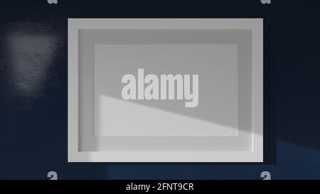 Postermockup an einer blauen Wand mit weißem Rahmen. CGI-Bild, 3D-Rendering, 3D-Illustration Stockfoto