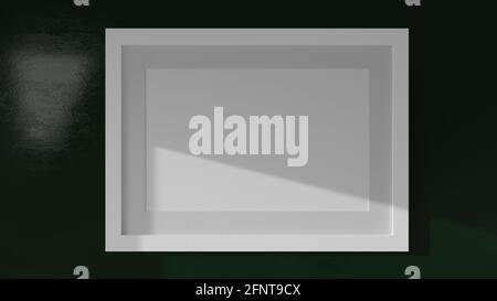 Postermockup auf einer grünen Wand mit weißem Rahmen. CGI-Bild, 3D-Rendering, 3D-Illustration Stockfoto