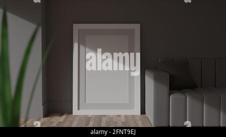 Postermockup auf einer grauen Wand mit weißem Rahmen. CGI-Bild, 3D-Rendering, 3D-Illustration Stockfoto