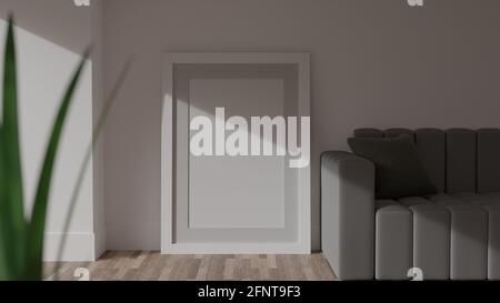 Postermockup auf einer weißen Wand mit weißem Rahmen. CGI-Bild, 3D-Rendering, 3D-Illustration Stockfoto