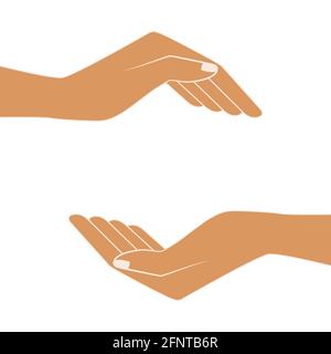 Zwei Hände halten etwas. Bilder von Händen von Menschen. Freier Raum für die Räumlichkeiten des Objekts. Leeren Sie den Abstand zwischen den Händen. Isolierte Vektorgrafik Stock Vektor