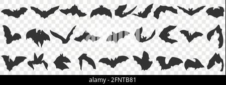 Fliegende Fledermaus mit Flügeln Doodle Set. Sammlung von handgezeichneten verschiedenen schwarzen Silhouetten von fliegenden Fledermäusen Tiere in Reihen isoliert auf transparentem Hintergrund Stock Vektor