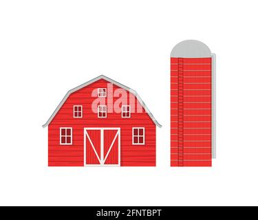 Roter Holzscheune und landwirtschaftliches Silo zur Getreidelagerung isoliert auf weißem Hintergrund. Amerikanische Bauernhöfe, Vorderansicht. Vektorgrafik Cartoon-Illustration. Stock Vektor