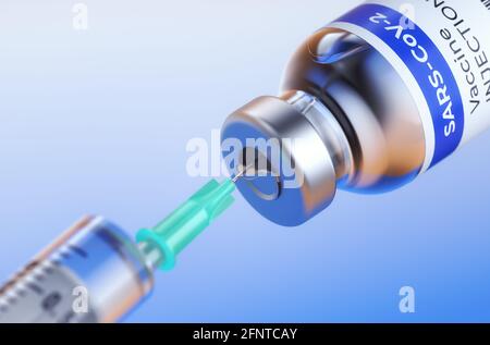 Coronavirus-Impfstoff. COVID-19-Impfstoff Medizinische Ampoule. Der Impfstoff aus dem Coronovirus COVID-19 auf blauem Hintergrund und einer Spritze. 3D-Rendering. Stockfoto