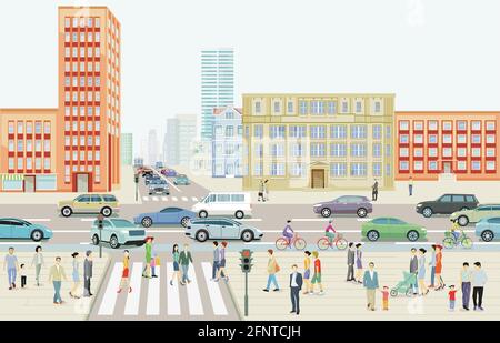 Stadtlandschaft mit Straßenverkehr und Fußgängern am Zebrastreifen, Illustration Stock Vektor