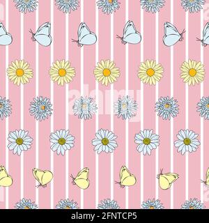 Vektor pastellrosa Hintergrund Gänseblümchen Blumen, wilde Blumen und Schmetterlinge, Insekten. Nahtloser Musterhintergrund Stock Vektor