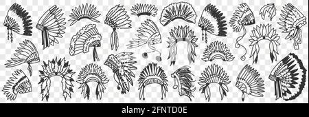 Indianer Feder Kopfschmuck Doodle Set. Sammlung von handgezeichneten verschiedenen Accessoires von indian american für das Tragen auf dem Kopf traditionelle Kultur Fans isoliert auf transparentem Hintergrund Stock Vektor
