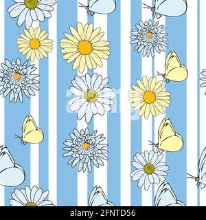 Vektor weißen Hintergrund Gänseblümchen Blumen, wilde Blumen und Schmetterlinge, Insekten. Nahtloser Musterhintergrund Stock Vektor