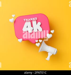 4 Tausend Anhänger Social Media Dank Banner. 3D-Rendering Stockfoto