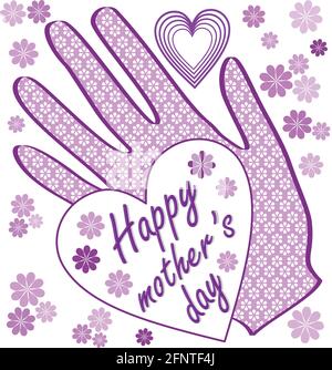 Happy Mothers Day Reklametafel mit kleinen Blumen und Herzen. Hellviolettes Design für die Muttertagsfeier Stock Vektor