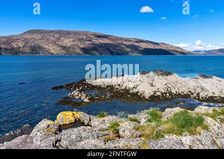 SANDAIG BAY ISLANDS AND BEACHES GLENELG SCOTLAND BLAUER HIMMEL FELSEN UND ROSAFARBENE SEETHRIFTBLÜTEN ARMERIA MARITIMA Stockfoto