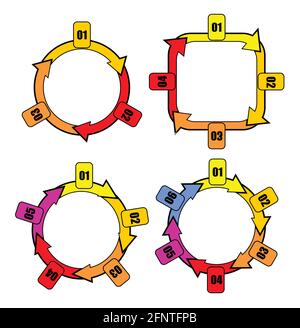 Zyklusdiagramm mit Pfeilen für drei, vier, fünf und sechs Schritte. Designelemente der Infografik-Vorlage. Stock Vektor