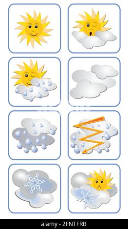 Vektor-Set von Wetterprognosesymbolen für alle Wettertypen. Sonne hat einen Ausdruck auf seinem Gesicht Stock Vektor