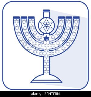 Jüdischer siebenarmiger Kerzenleuchter Menorah mit dem Davidstern, flache Design-Vektor-Illustration in den israelischen Nationalfarben blau und weiß mit langen s Stock Vektor