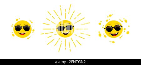 Lustige Sonne. Gelb netter Sonnenschein. Kindliche Sonnenfreude. Lächelnde Sonne mit Sonnenstrahlen Cartoon-Figur. Vektordarstellung auf weißem Hintergrund isoliert. Stock Vektor